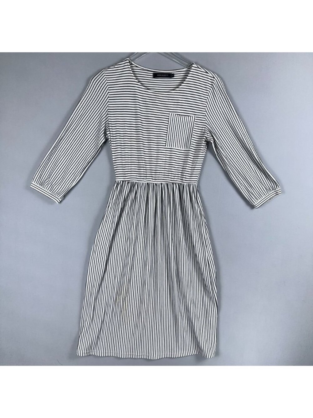 Merokeety Dress Size Small Black White Striped Midi 3/4 Sleeves Chest Pocket - Picture 3 of 12